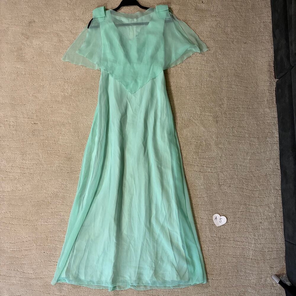 Vintage 70s Bianchi Women XS Chiffon Light Blue Bow Flutter Sleeve Maxi Dress